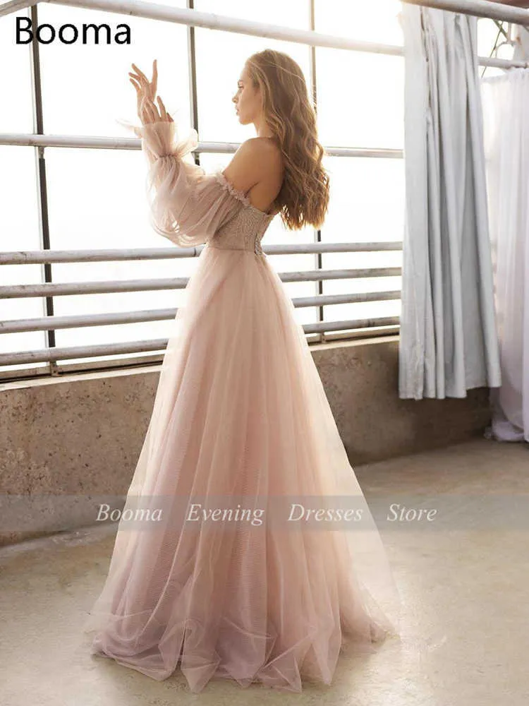 Sweet Dusty Pink Prom Dresses Off Shoulder Long Sleeves Princess Party Dresses Crumpled Tulle A-Line Formal Evening Gowns 210719