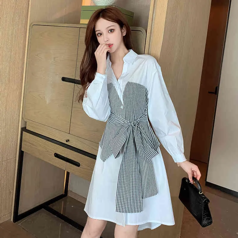 Damskie sukienki jesienne koreański mody fałszywy dwuczęściowy krótki spódnica dolna bluzka z długim rękawem PL280 210506