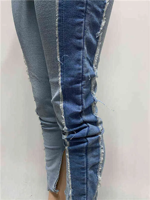 Patchwork Jeans Women Stacked High Waist Bodycon Stretch Slip Hem Denim Boyfriend Trousers Pants Wholesale Drop 211106