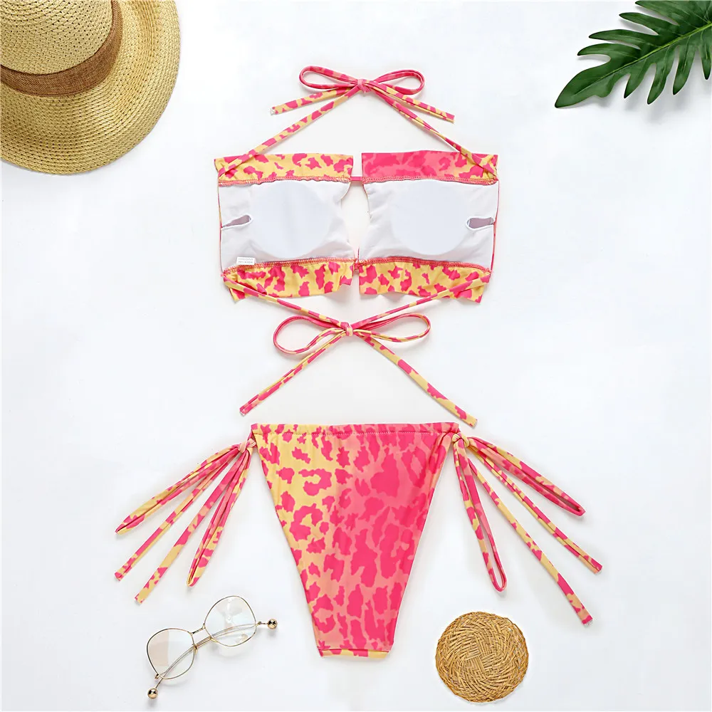 Stroje kąpielowe Kobiety Tie Dye Bikini Zestaw Kostium Kąpielowy Kostium Beachwear Push Up Seksowny Bandaż Swimsuit Leopard 210520