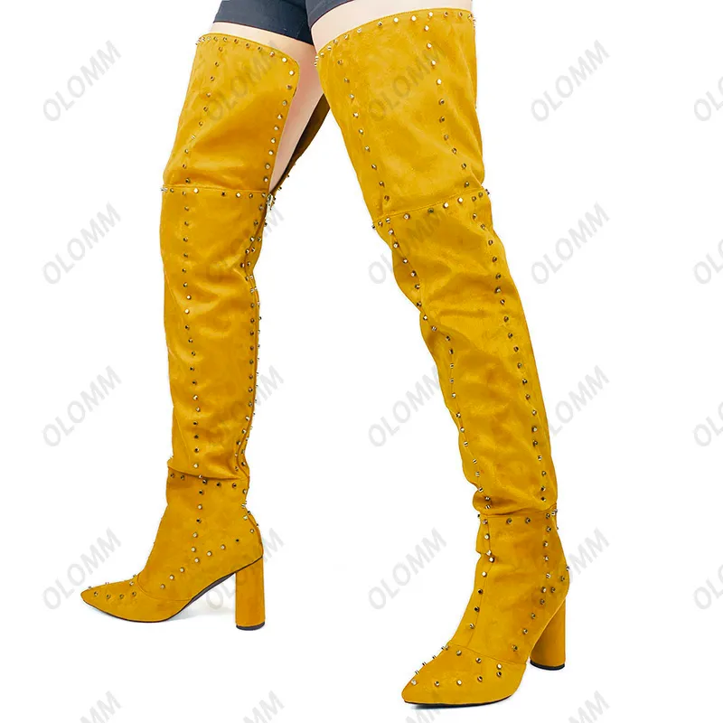 Rontic Women Winter Thigh Boots Studs Back Zipper Chunky Heel Pointed Toe Pretty Yellow Orange Night Club Shoes Plus US Size 5-16