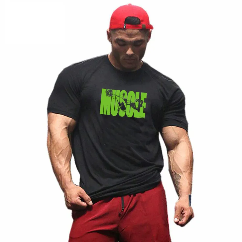 Muskel killar sommar nya mens gym t-shirt fitness bodybuilding mode manlig kort bomull kläder märkt tee toppar 210421