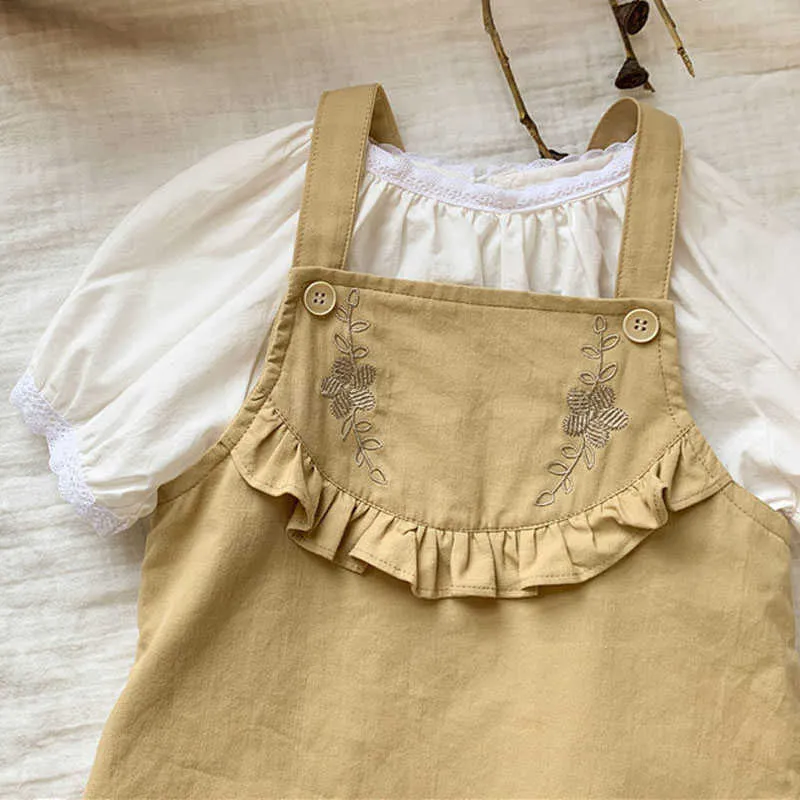 Spring Summer Girls 'Sling Dress Baby Gevouwen schimmelrandbloemen Geborduurde kinderen Geprikkelde schattige kleding 210625