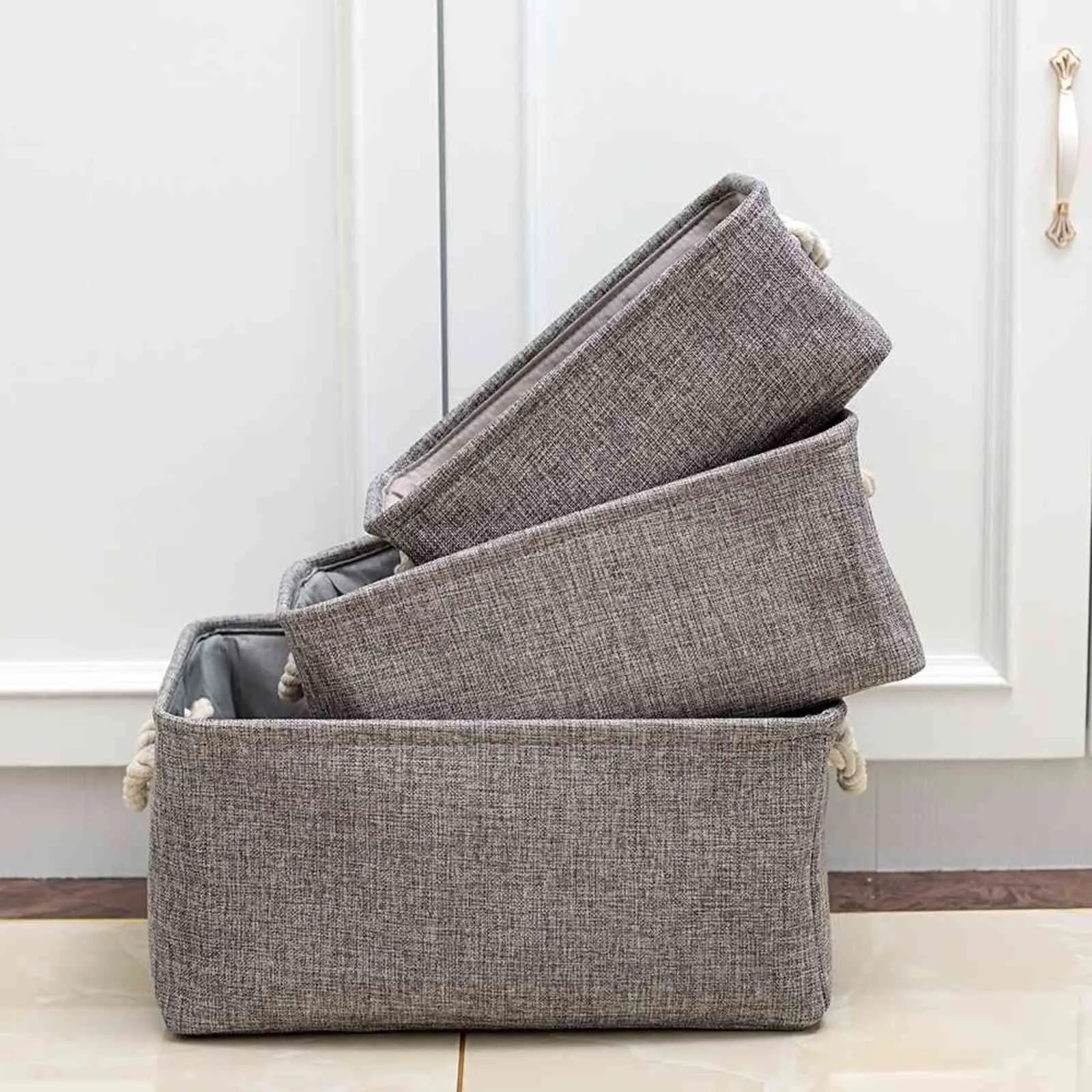 Linen Fabrics Folding Storage Boxes Bins With Rope Handles For Kids Toys Organizer Cabinet Clothes Basket Drawer Organizers 211102