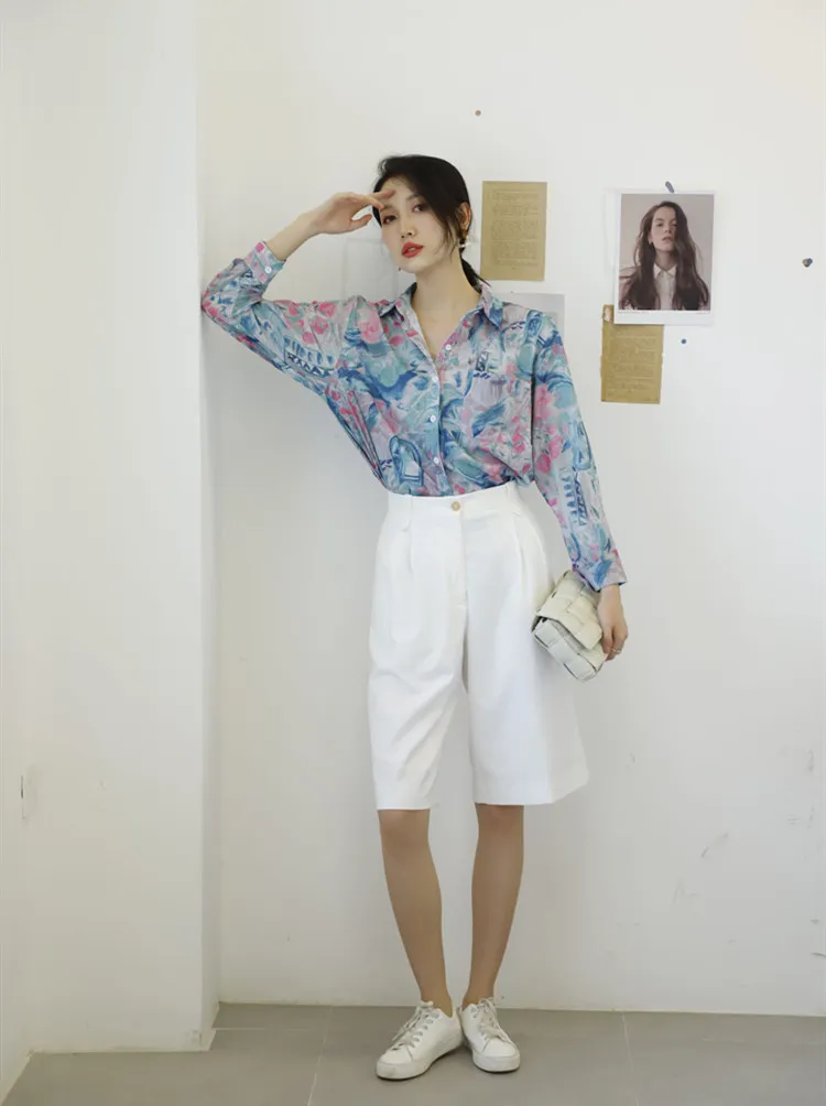 Vintage Colored Drawing Long Sleeve Blouse Fall Women Tops And Blouses Button Up Loose Korean Shirt Clothing 210427