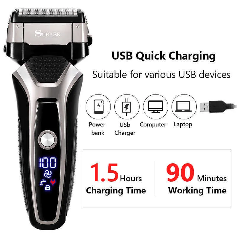 USB Şarj Edilebilir Elektrikli Tıraş Makinesi Paslanmaz Çelik Tıraş Makinesi Erkekler 3D Üçlü Yüzer Blade Jilet Tıraş Makinesi Kuaför Giyotin P0817
