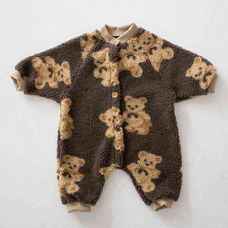 Winter Thicken Warm Baby Rompertjes Bear Print Peuter Jongens Jumpsuits Enkele Breasted Meisjes Kleding Fleece Out Suit 2111101