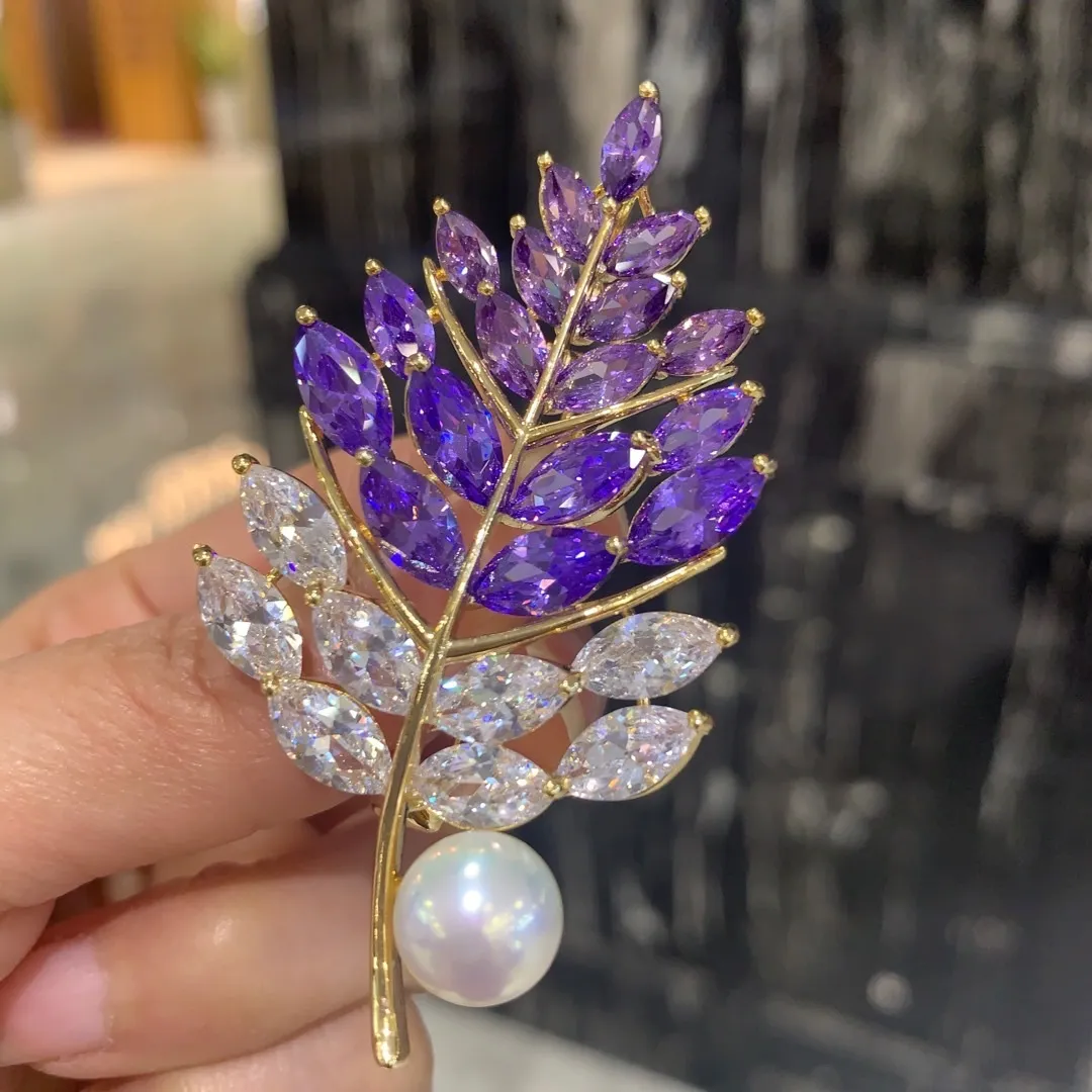 natural fresh water pearl brooch cubic zircon leaf purple multi color butterfly fashion women jewelry