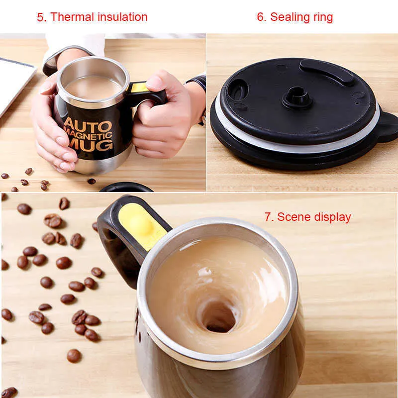 Tasse à café automatique Sterring Tasse magnétique en acier inoxydable Tasses de mélange de lait Électrique Lazy Smart Shaker Tasse à café cadeau 1 cuillère 210804