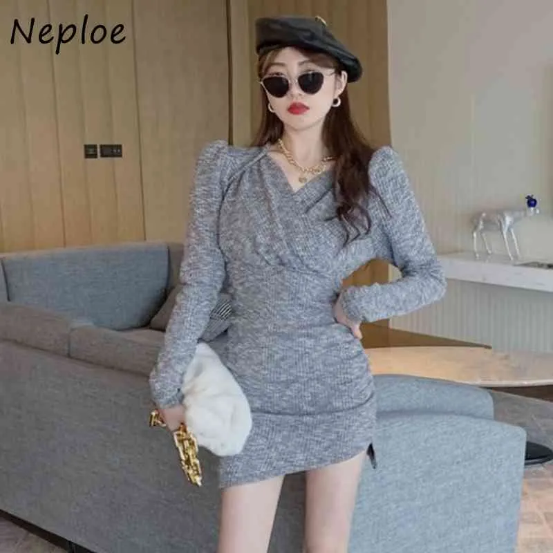 Neploe V Cou À Manches Longues Robe Solide Femmes Taille Haute Hanche Skinny Robes Printemps Travail Style Ol Robe Sauvage 210510