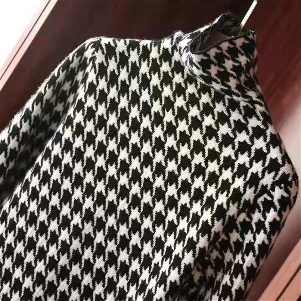 Houndstooth Turtleneck Women Long Knit Straight Sweater Autumn Winter Thick Warm Midi Dresses Plaid Knit Dresses Long Jumpers Y1006