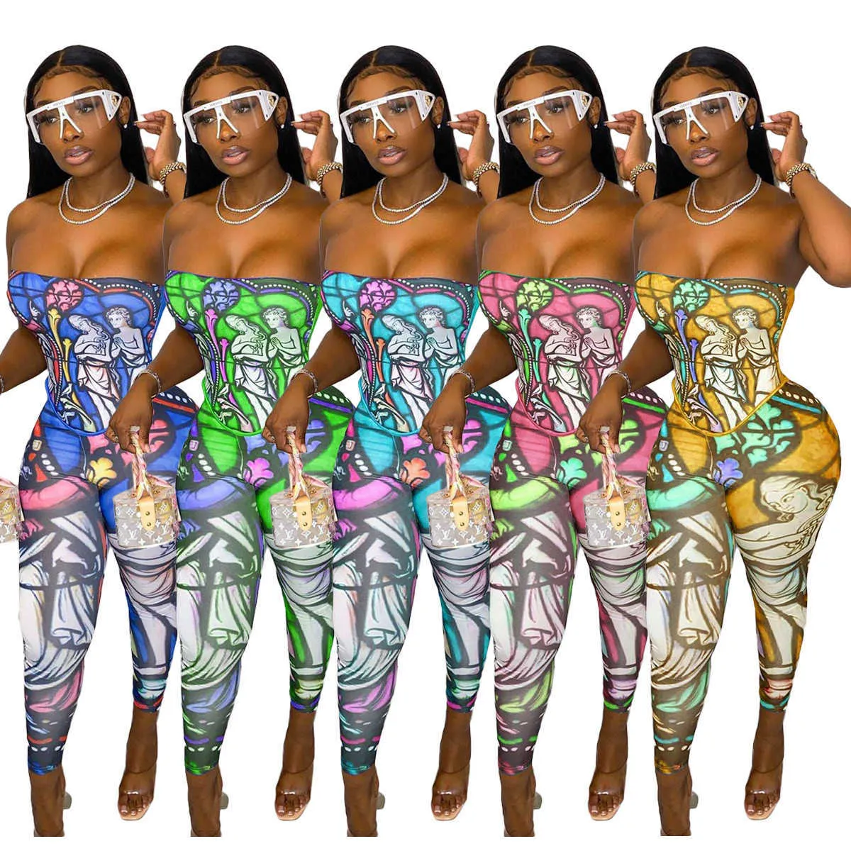 Women Two Piece Pant Tracksuits Designer Oil Painting Element Printing Sexy Breast Wrapped Off Shoulder Pullover Comfortable Clubwear
