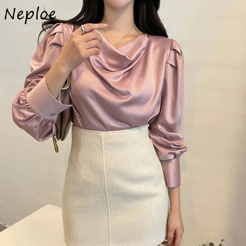 Work Style Office Lady Solid Blouse Women Spring Slim Stain Simple Blusas High Neck Long Sleeve Pullover Shirt 210422