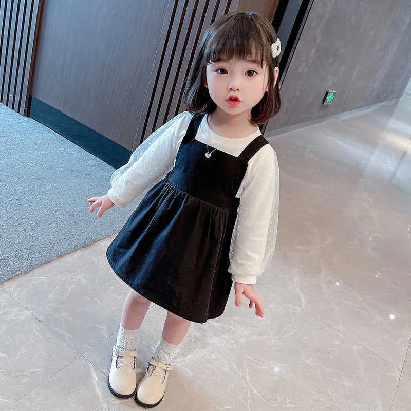 Bear líder bebê meninas coreanas moda roupas conjuntos de outono crianças Causal t-shirt e suspender roupa de vestido roupas de crianças 210708