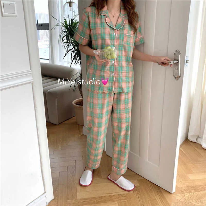 Pyjamas à carreaux Vêtements de nuit Vêtements de nuit Coton coréen Femme Summer Home Chic Lâche Vintage Rétro Deux pièces Costume Ensembles 210525