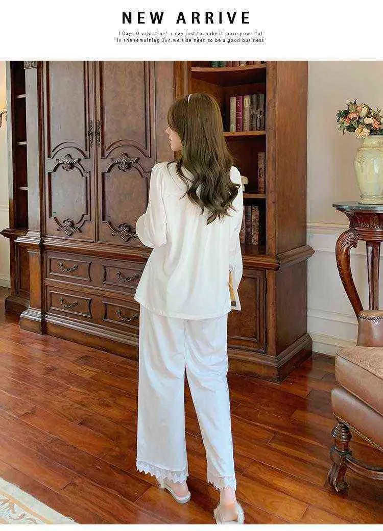 Höst Franska Pyjamas Set Bomull Vit Nattkläder Kvinnor Långärmad Homewear Gullig Kawaii Lace Nighthowns Princess Sleepwear 211112