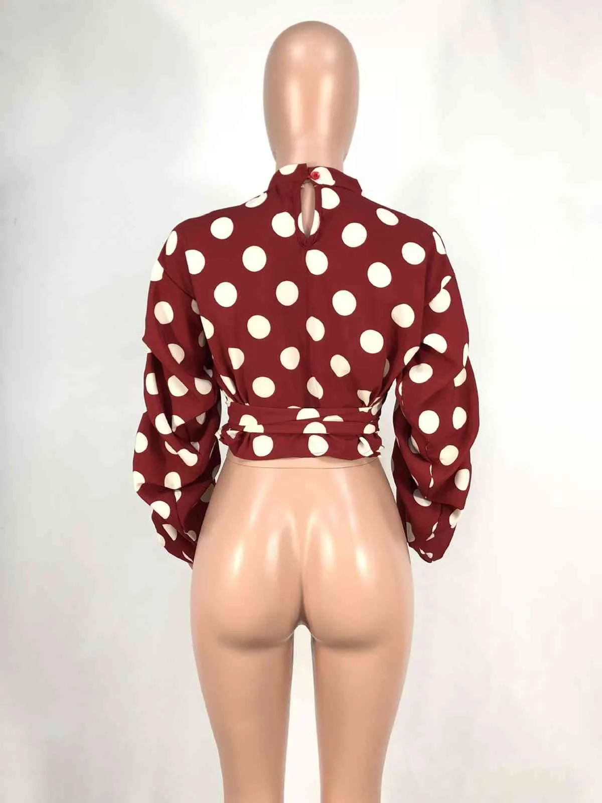 Kobiety Polka Dot Bluzki Topy Czarne Sashes Długie Rękawy Puff White Red Plus Rozmiar XXXL Ladies Moda Casual Wiosna Lato Bluaas 210416