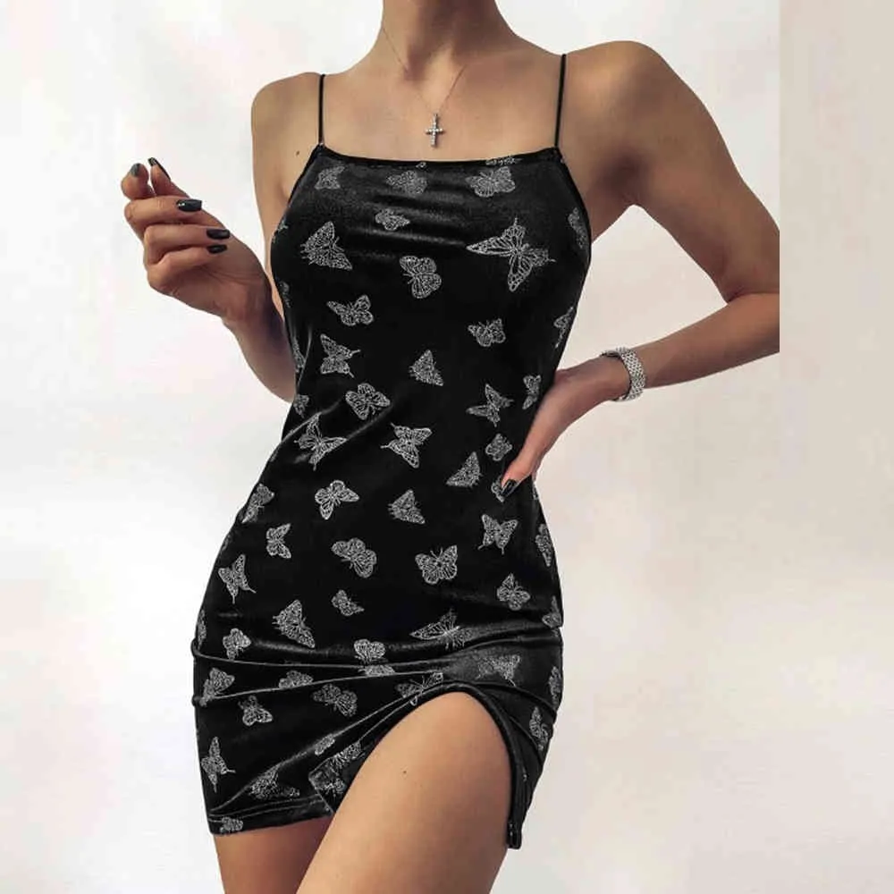 Schwarzes Kleid Frauen Sommer Spaghettiträger Rückenfrei Schulterfrei Minikleider Dame Mode Lässig Schmetterlingsdruck Split Sexy Kleid 210507