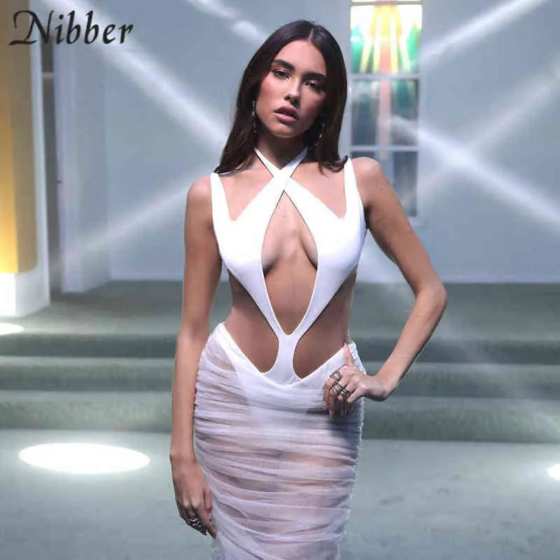 Nibber Summer New Style Halter Strap Dress Semi-perspective Cool Fabric With Waist Slim Sexy Design Folds Women Party Nightclub Y1204