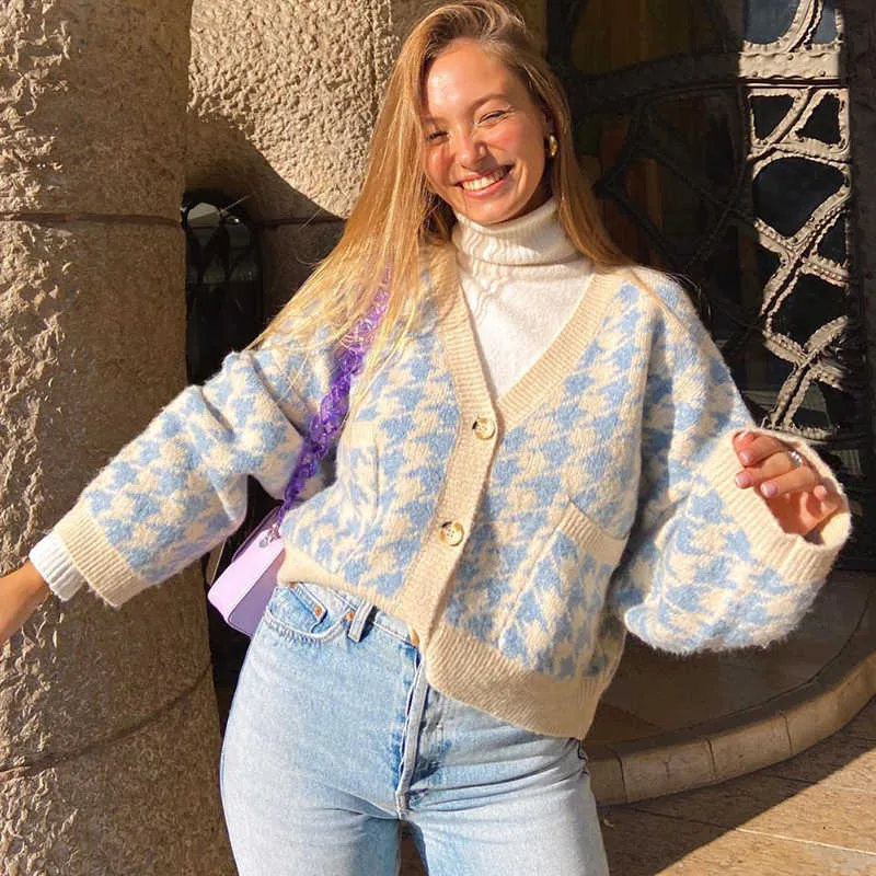 Vintage 90s houndstooth impressão outono inverno de malha manga longa mulheres cardigan suéteres feminino streetwear knitwear tops 210914