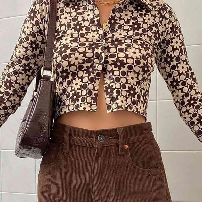 Kahverengi Çiçek Uzun Kollu Düğme Hırka Kadın Gömlek Bahar Moda Bluzlar Vintage Dönüş Yaka Ince Mahsul Tops Kadın 210510