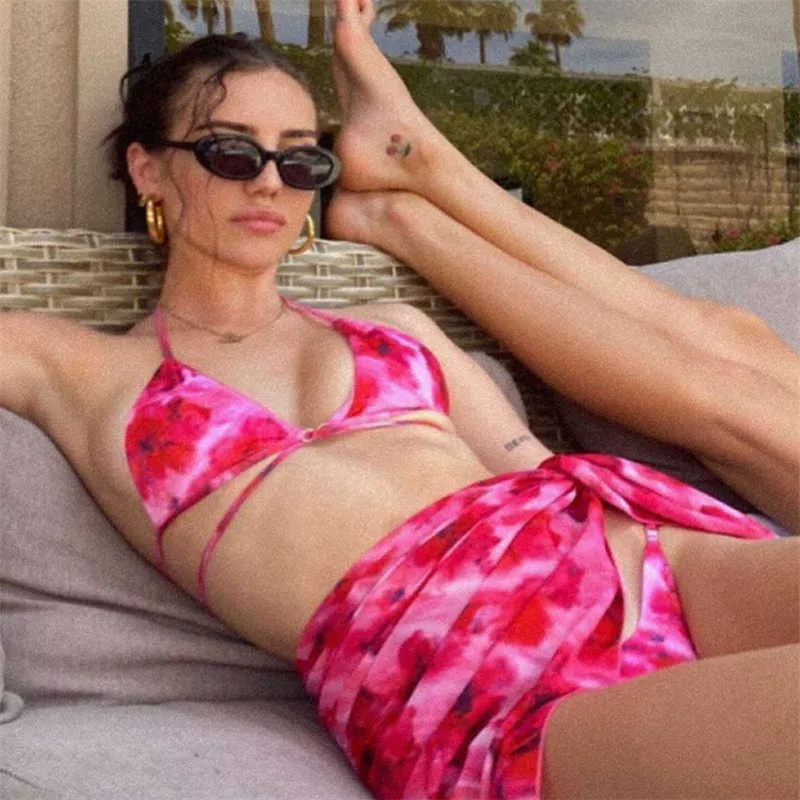 GNIM Bandage Trinagle Badeanzug Frauen mit Schal Sexy Print Bikini Set Beachwear Bademode 3 Stück Top Verkauf Badeanzug 210722