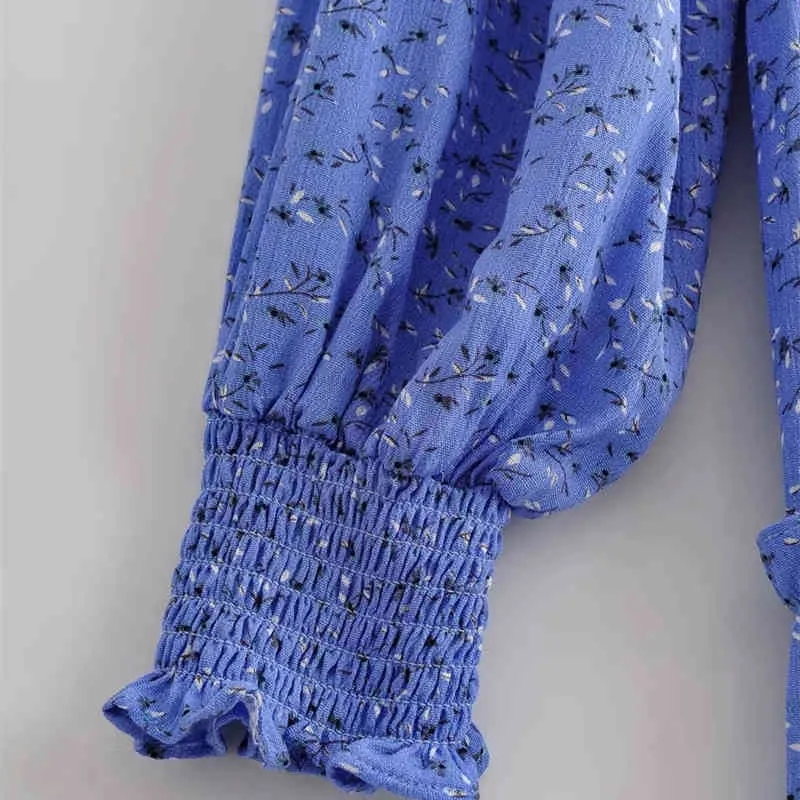 Casual Woman Blue Cascading Ruffles Bomull Mini Klänning Vår Fashion Ladies Print Dresses Kvinna Sweet Soft 210515