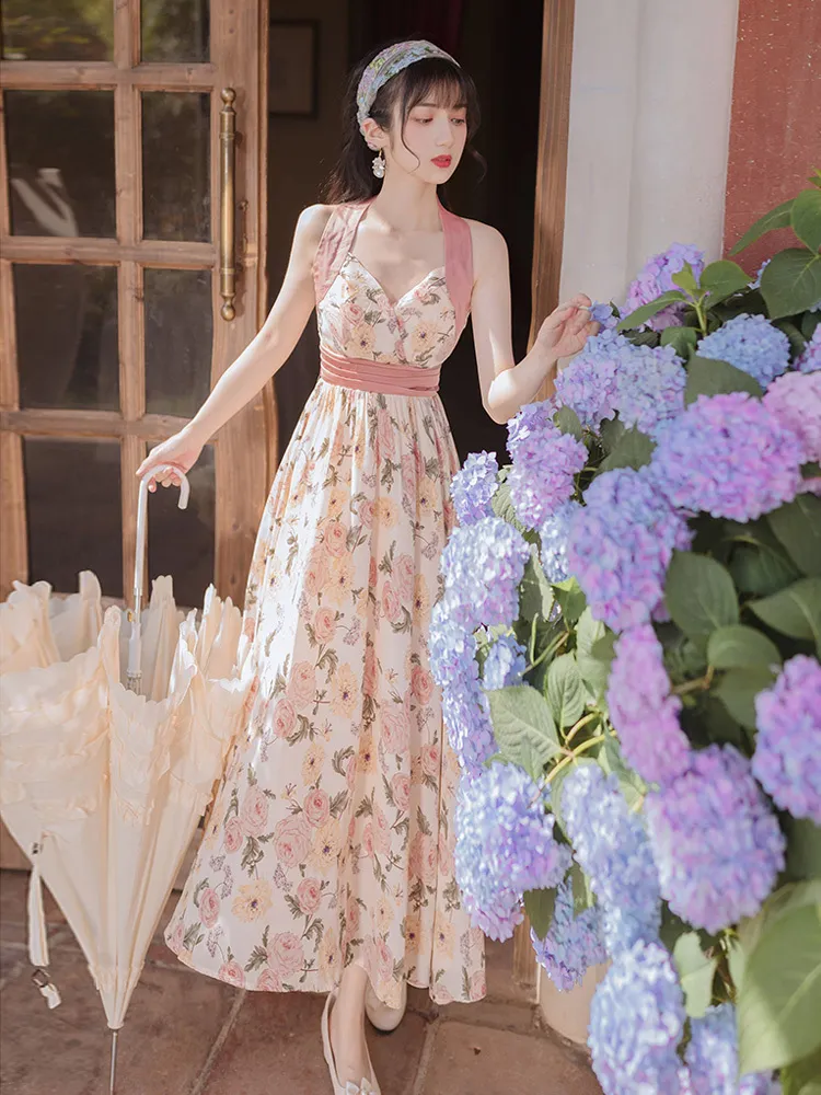 Verano cuello en V Halter Floral Sundress mujer sin mangas fuera del hombro flor impresa vacaciones gasa vestido largo 210416