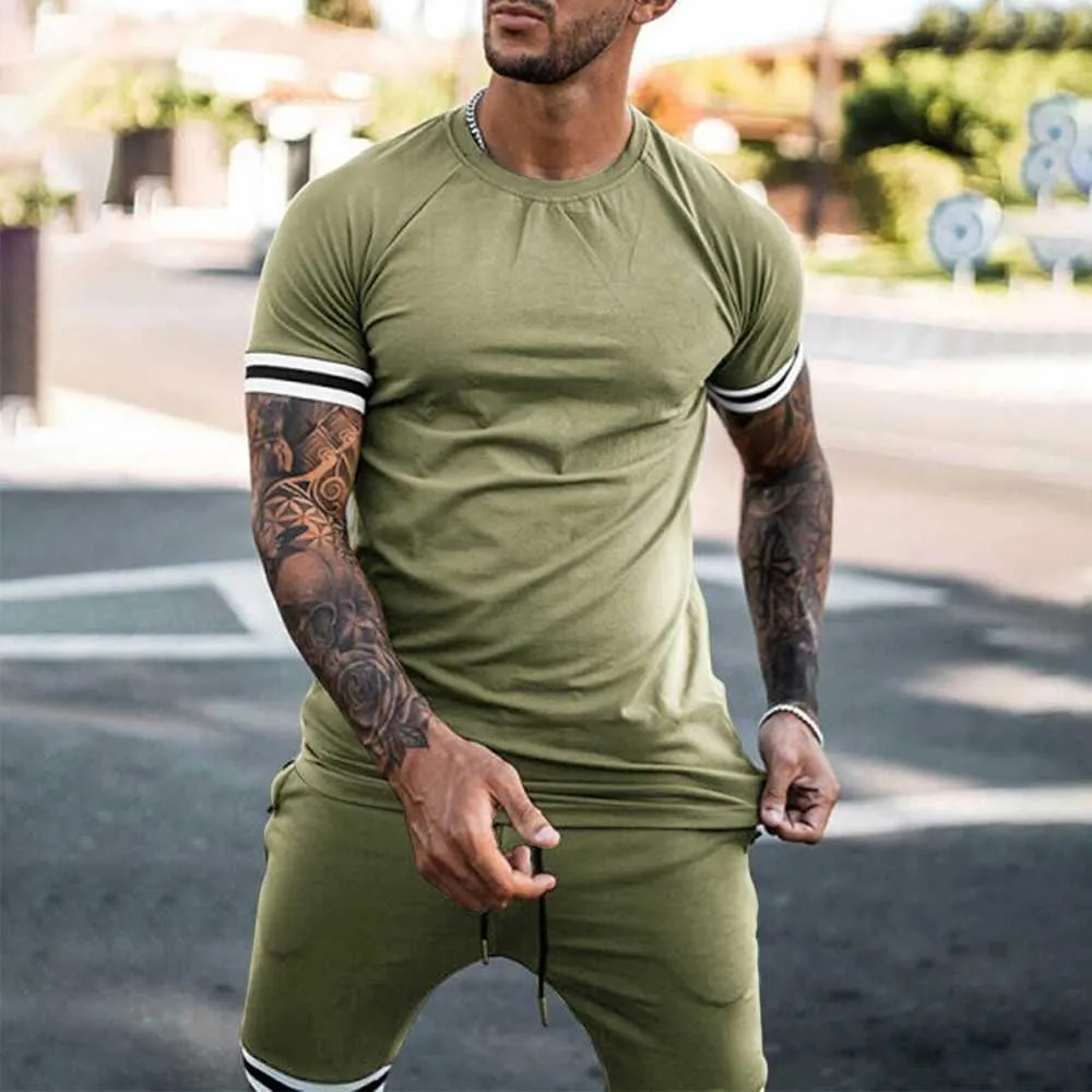 Set Men Clothing 2021 Summer Comfortable Men O Neck Tops And Drawstring Pants Outfit Fashion Solid Casual Suits X0610