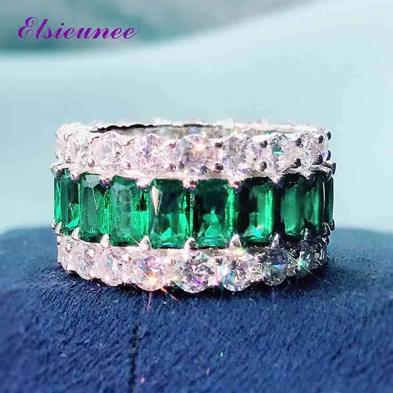 ELSIEUNEE 100% 925 Sterling Silver Créé Moissanite Emerald Gemstone Ring pour les femmes Anniversaire Cocktail Party Fine Jewelry 210330