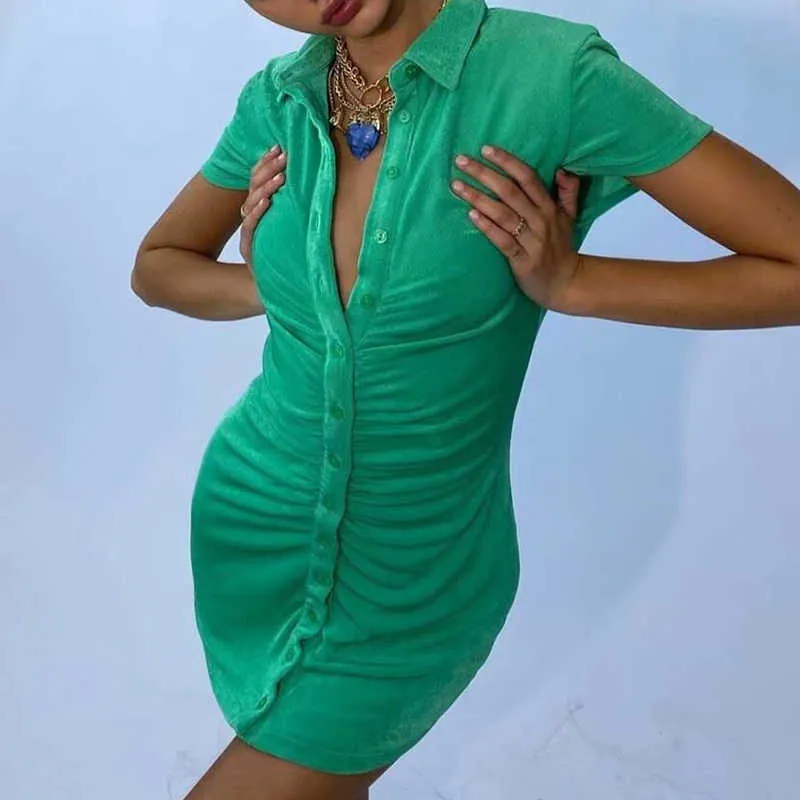 Vintage Kadınlar Yeşil Kadife Mini Elbise Yaz Moda Bayanlar Pileli ES Casual Kadın Chic Kızlar Sevimli 210527