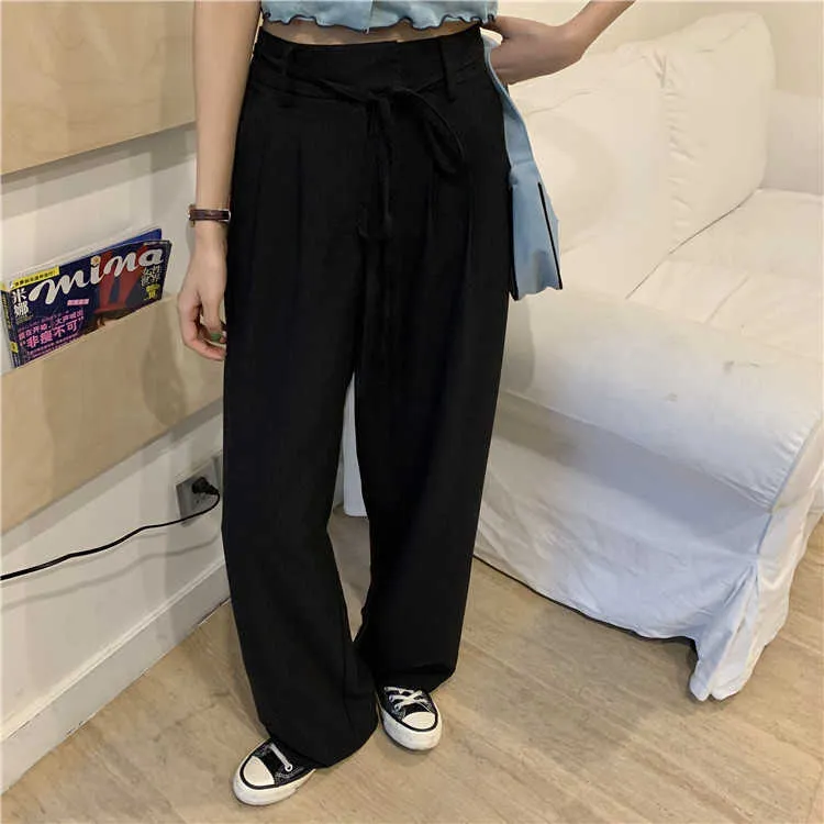 Loose alta cintura cordão cinza calças personalizadas mulheres mujer pantalones streetwear Casual em linha reta preta pants pants ternos 210610