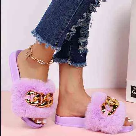 Fancy Soft Fur Slippers for Girls Women Slippers Winter Outdoor Open Toe Flat Shoes Metal Chain Home Slides Fashion Big Size 43 H1115