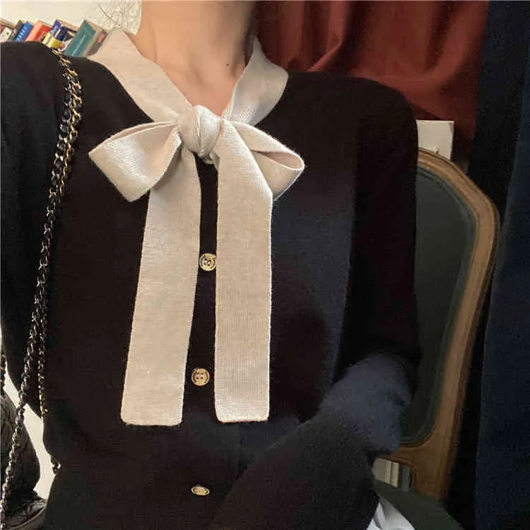 Kvinnor tröja elegant koreansk chic höstkontrast färg spets-up båge lösa bantning långärmade cardigans 210520