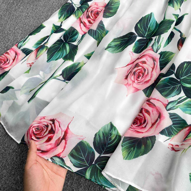 White Floral Printed Long Dress Women Bow Collar Puff Sleeve A-Line Chiffon Vestidos Spring Autumn Casual Robe Female 2021 New Y0603