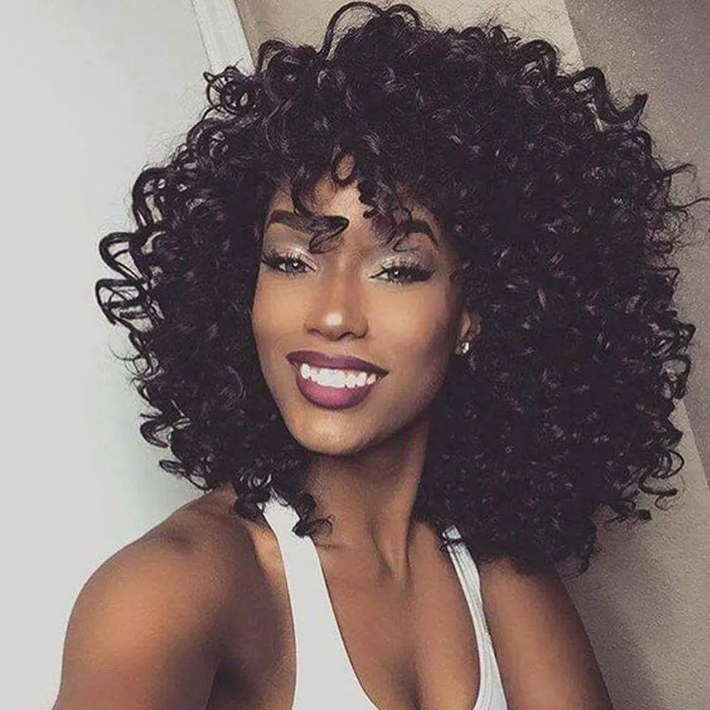 Curto Preto Marrom Loira Kinky Curly Wigs para Mulheres Negras Fluffy Ondulado Sintético Afro Curly Hair Wig com Franja para Uso Diário direto da fábrica