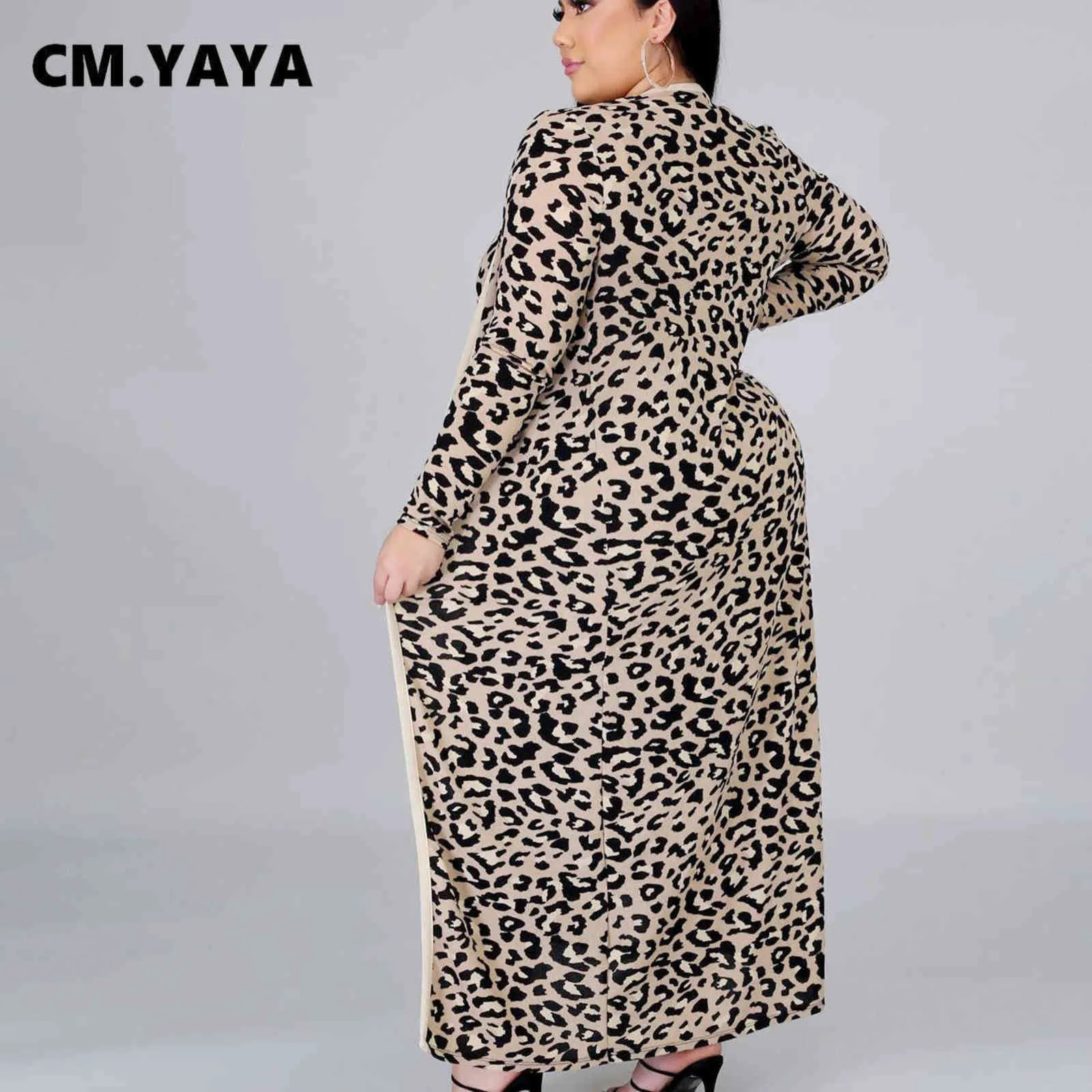 CM.YAYA Plus Size XL-4XL Set da donna con stampa leopardata Mantello a maniche lunghe Top aderente Abito longuette Due pezzi Abiti coordinati 211106