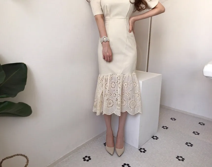 Women's Korean Retro Chic Ruffled Mermaid Hem High Waist Slim Puff Sleeve Bodycon Office Lady Dress Fashion 210518