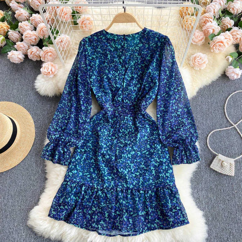 Sexy Blau Gedruckt Einreiher Mini Kleid Frauen V-ausschnitt Laterne Langarm Hohe Taille Rüschen Vestidos Urlaub Strand Sommer Y0603