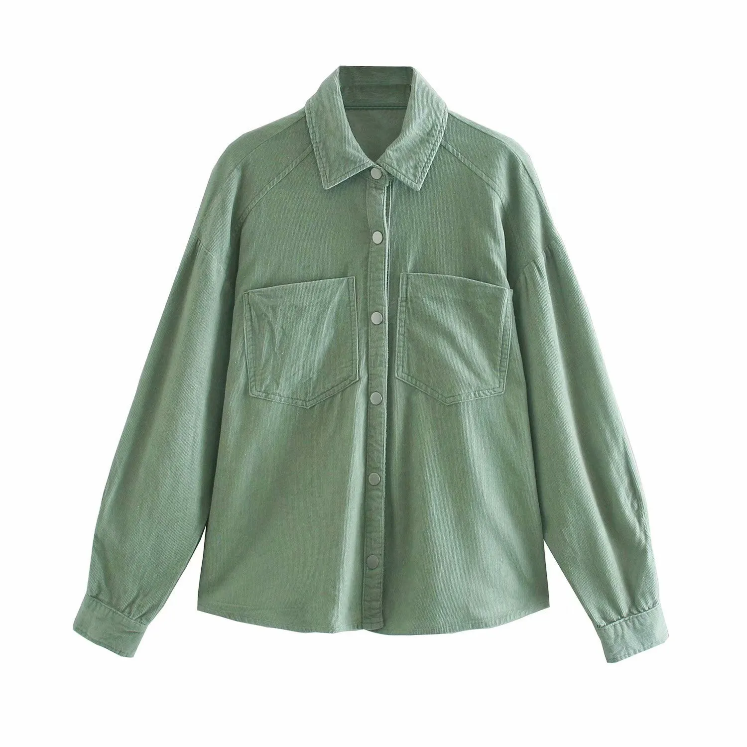 BLSQR Frauen Grün Übergroße Cord Jacke Lose Revers Tasche Langarm Hemd Weibliche Femininas Bluse 210430