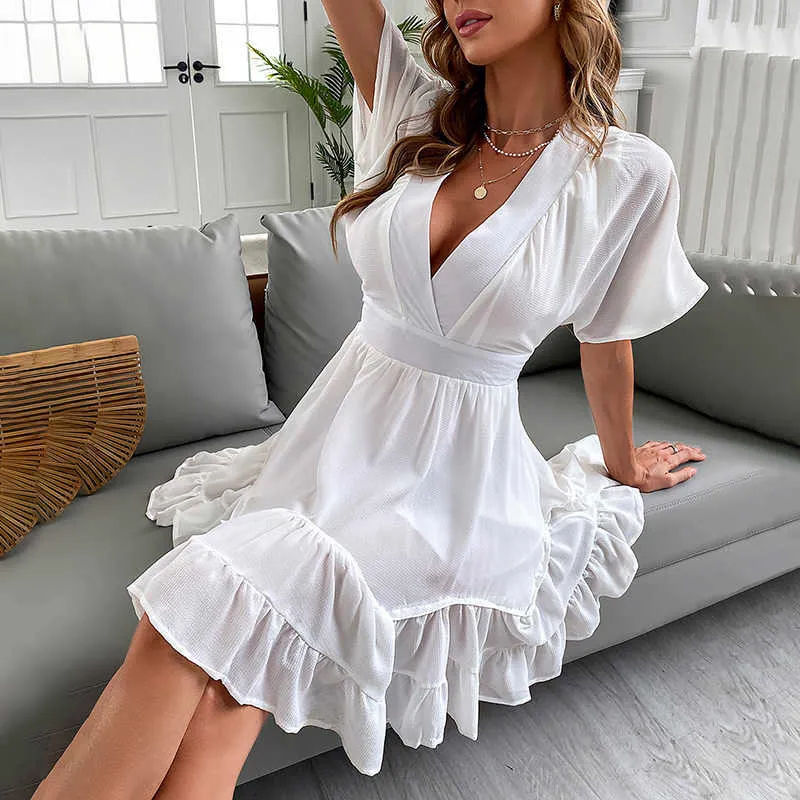 Moda mujer sexy con volantes mini vestido femenino sexy deep v blanco vestido corto 210716
