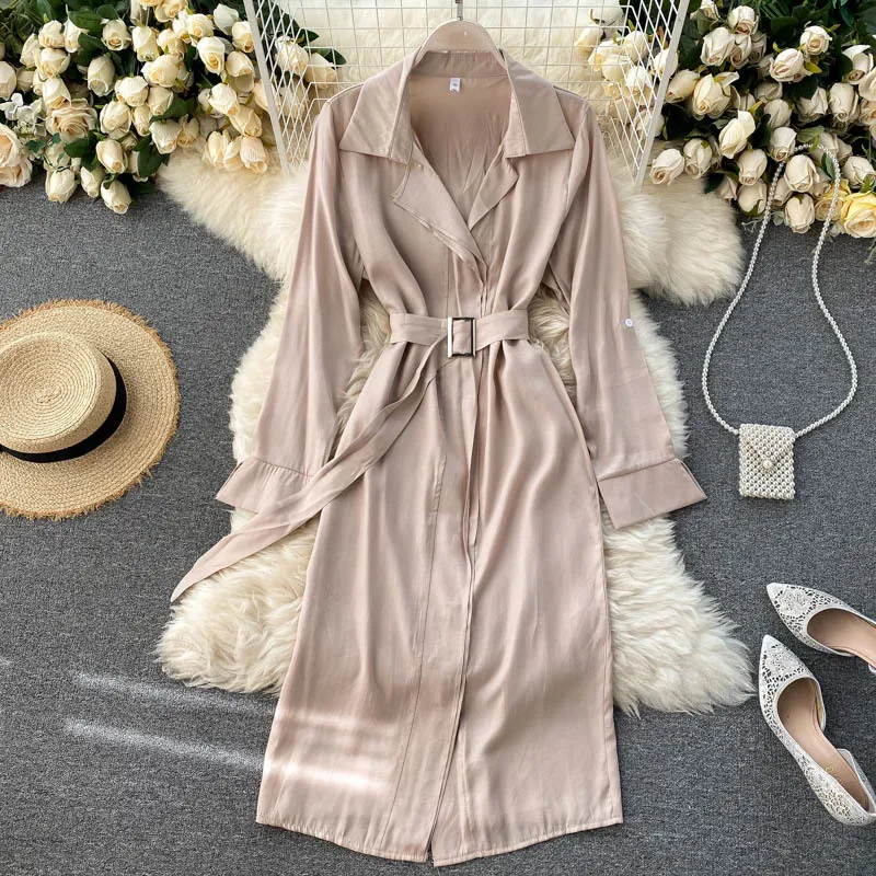 Design Women Elegant Solid Sukienka Jesień Koreański Moda Chic Długi Rękaw Dress Dress Casual Streetwear Midi Długa sukienka 210419