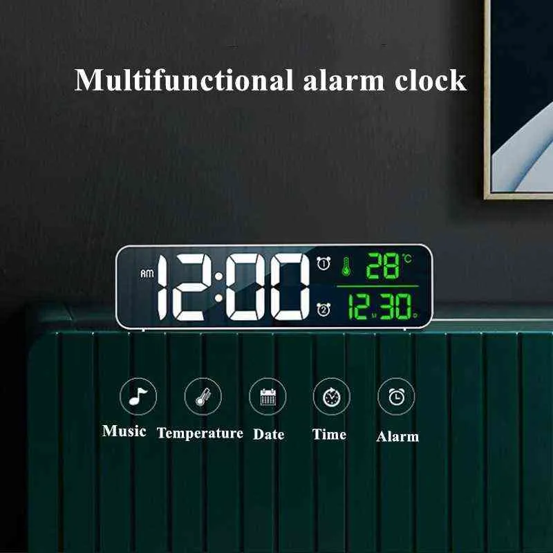 LED Réveil numérique Snooze Température Affichage de la date USB Bande de bureau Miroir LED Horloges pour la décoration du salon 211111