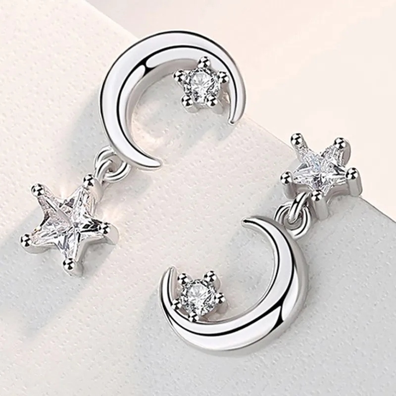 Novo estilo 925 prata banhado estrelas e lua brincos branco cz pedra brincos para mulheres meninas festa de aniversário jóias2763347