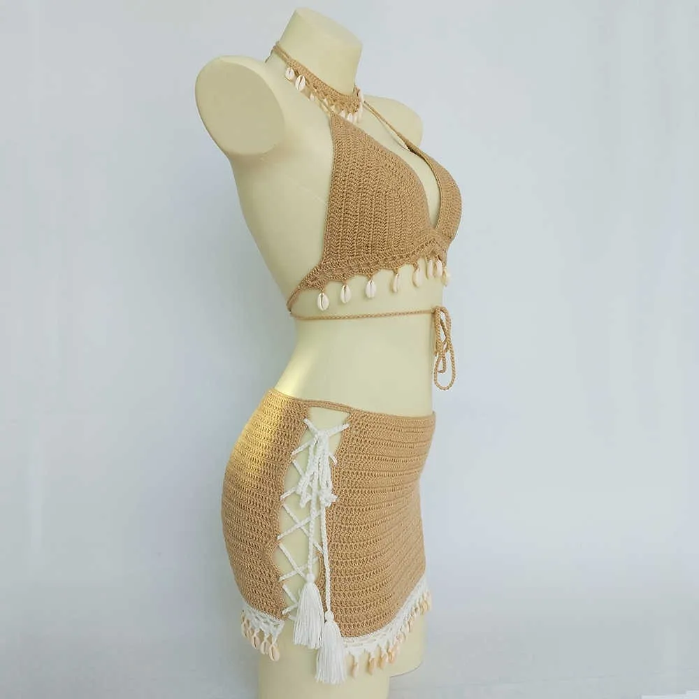 Bikini Set Woman Crochet Shell Tassel Top And Seashell Ankle Chain Sexy Beach Skirt Lace See Through Slim Mini 210722