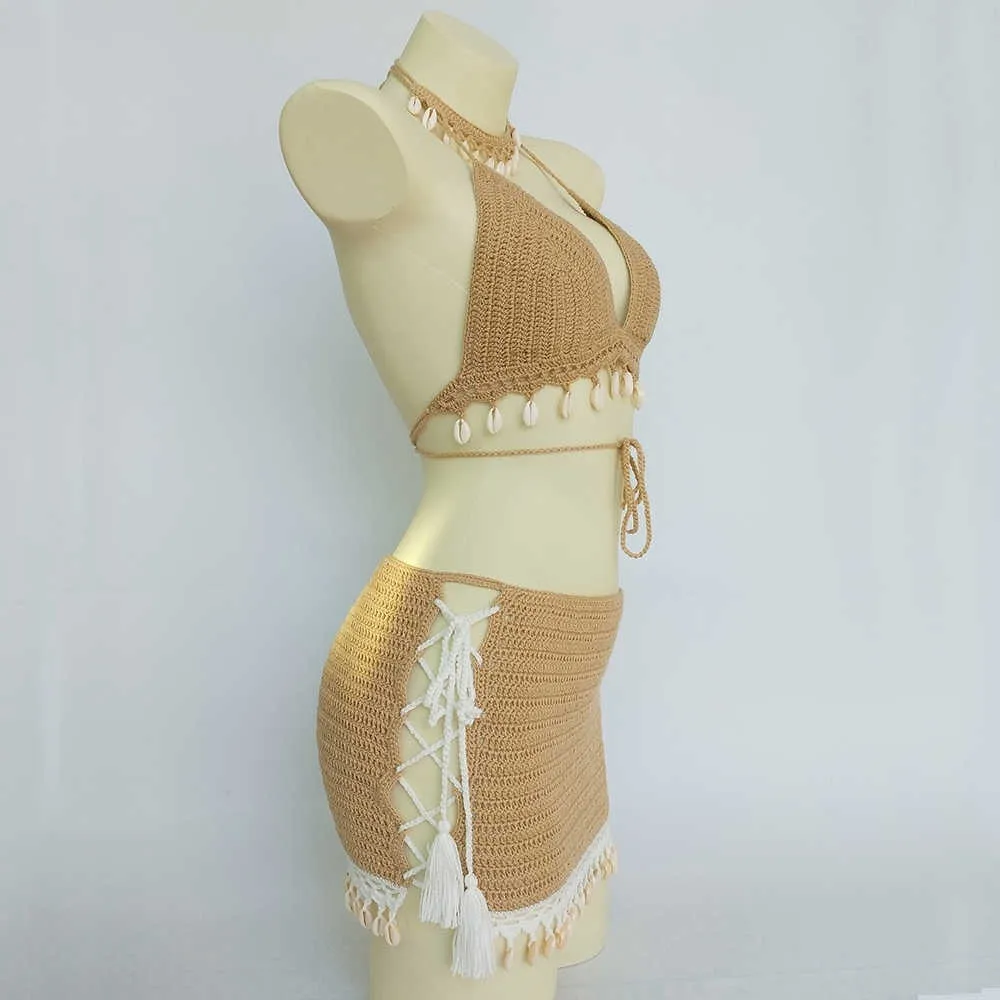 biquíni conjunto mulher crochet shell tassel top e seashell cadeia de tornozelo sexy saia praia saia ver através magro mini 210722