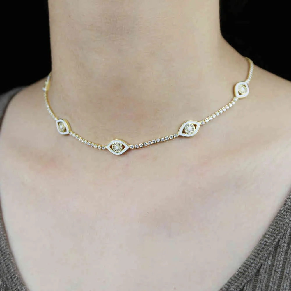 CZ-Tennis-Choker-Halskette, goldfarben, Metall, Neon-Emaille, türkischer böser Blick-Charme, glücklich, niedlich, schöne Frauen-Kettenhalsketten