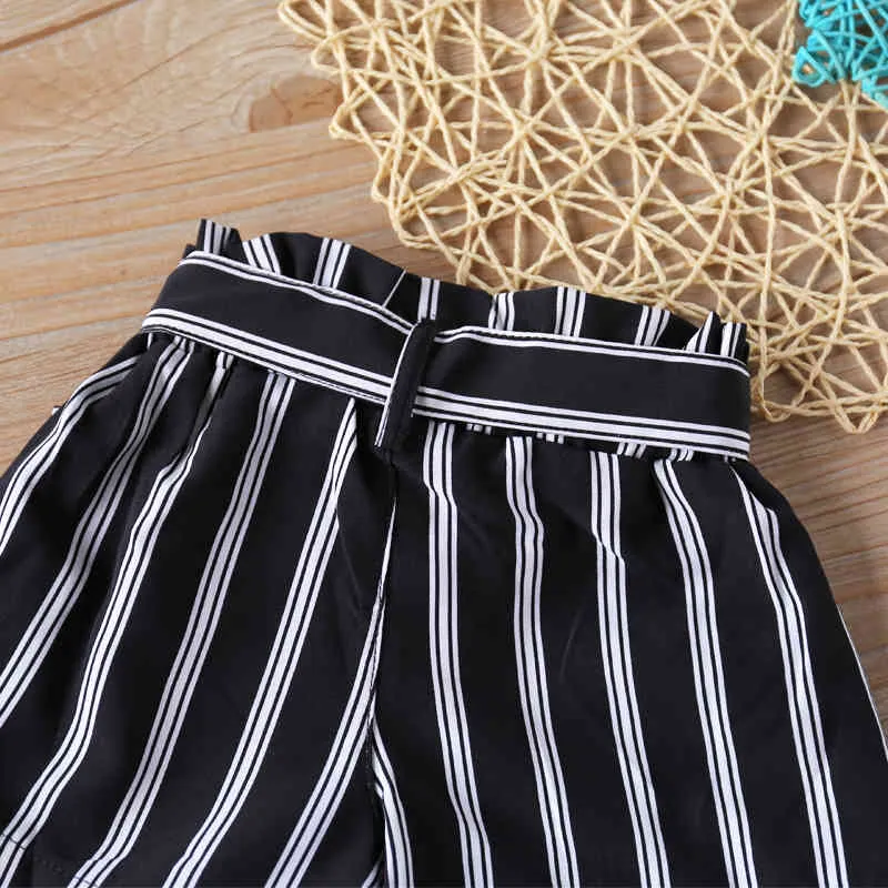 Girls Shorts Summer Pants Black And White Stripes + Belt Baby Girl Cotton Kids For 2-6Y 210515