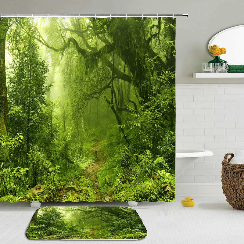 / set 3D forêt naturelle plantes vertes rideau de douche ensemble tapis rideaux de bain tissu imperméable + salle de bain de toilette antidérapante 210830