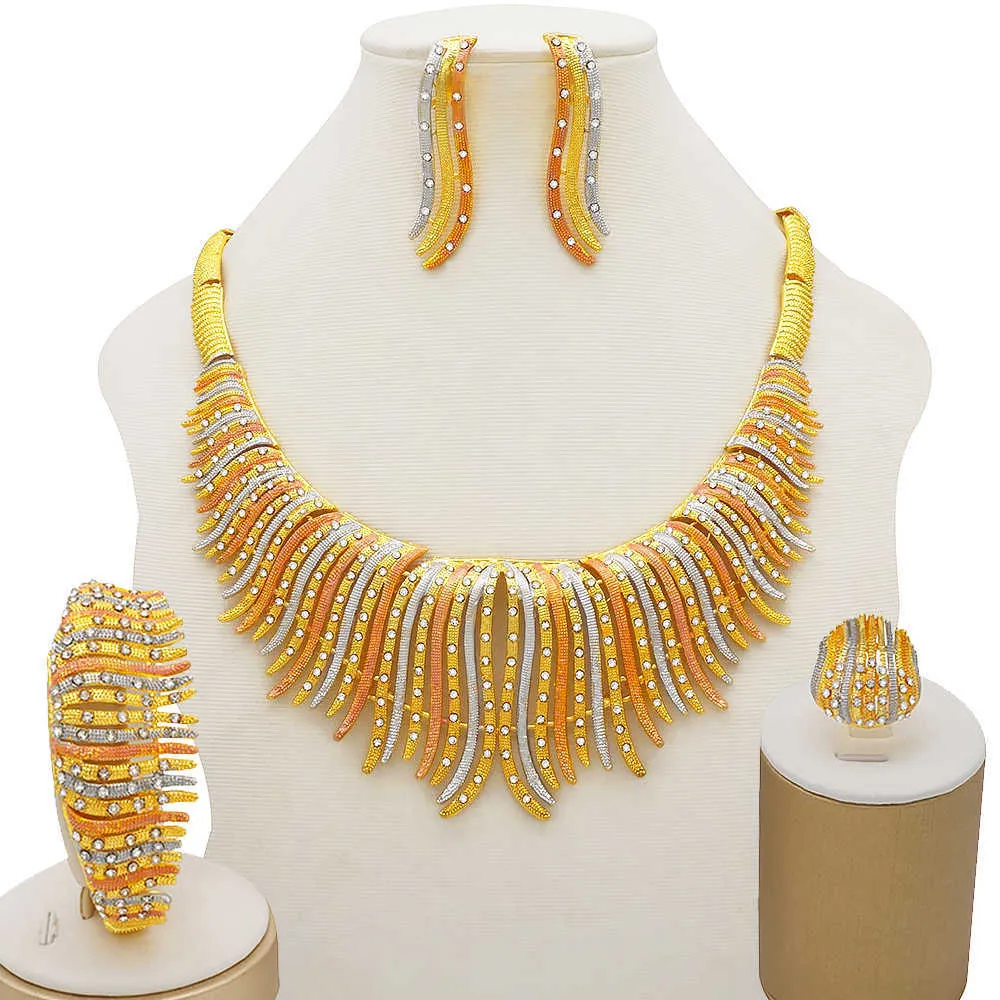 Ensembles de bijoux de couleur or 24 carats pour femmes, collier de luxe, boucles d'oreilles, Bracelet, ensemble de bagues, cadeaux fins de mariage indien et africain 2107206223498